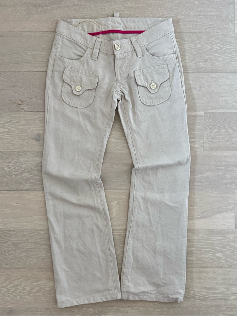 DSQUARED2 Women's Boot Cut Jeans in Light Beige with Pink Waist Trim